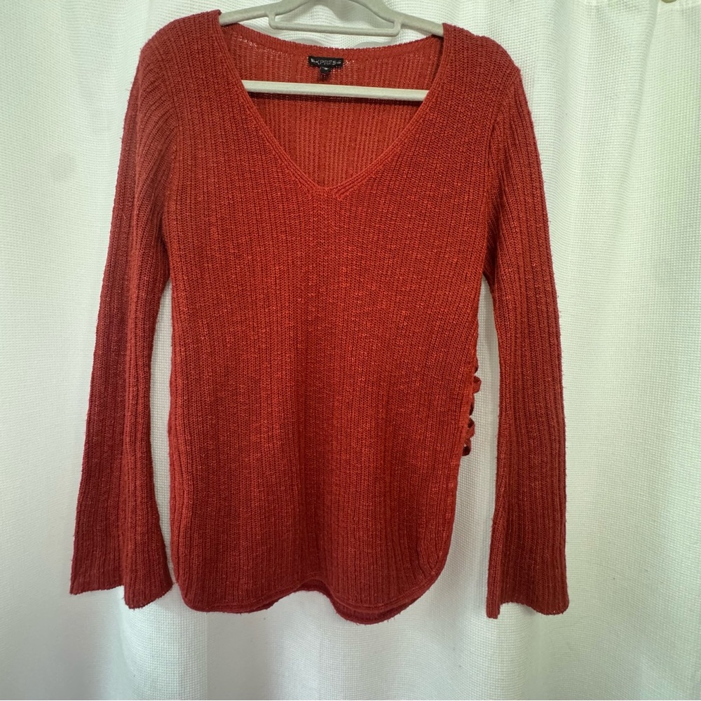 Express Burnt Orange Knit Braided V-Neck Sweater